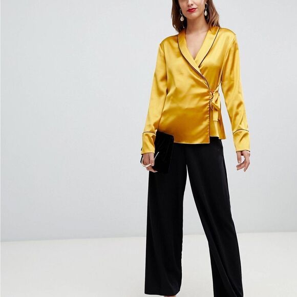 ASOS DESIGN satin wrap top with piping detail and long sleeves 8 - Picture 10 of 11
